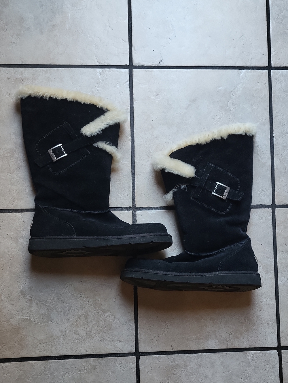 UGG Black Suede Tall Shearling-Lined Buckle Boots